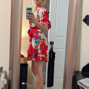 Cute, fun, red, floral dress with belt